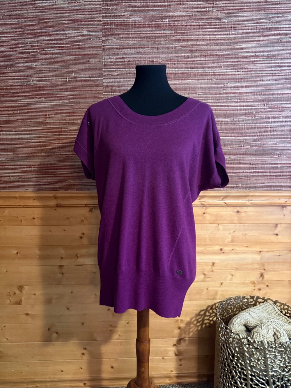 Calvin Klein Short-Sleeve Knit Top in Plum Purple